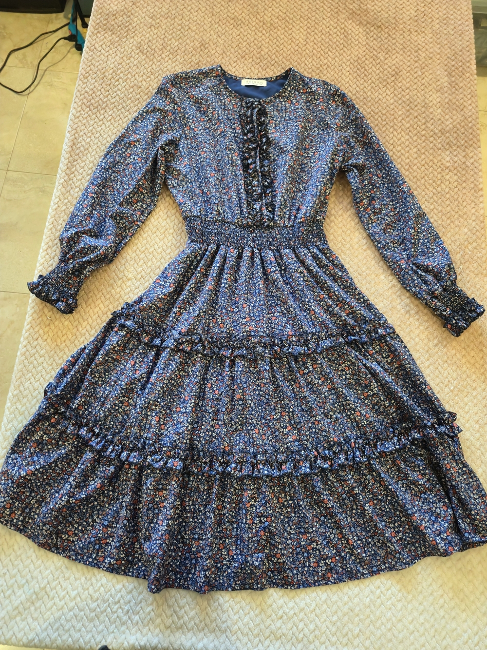 Adina Las Vegas Blue Floral Cottagecore Prairie Smocked Ruffle Midi Dress L - Picture 3 of 15